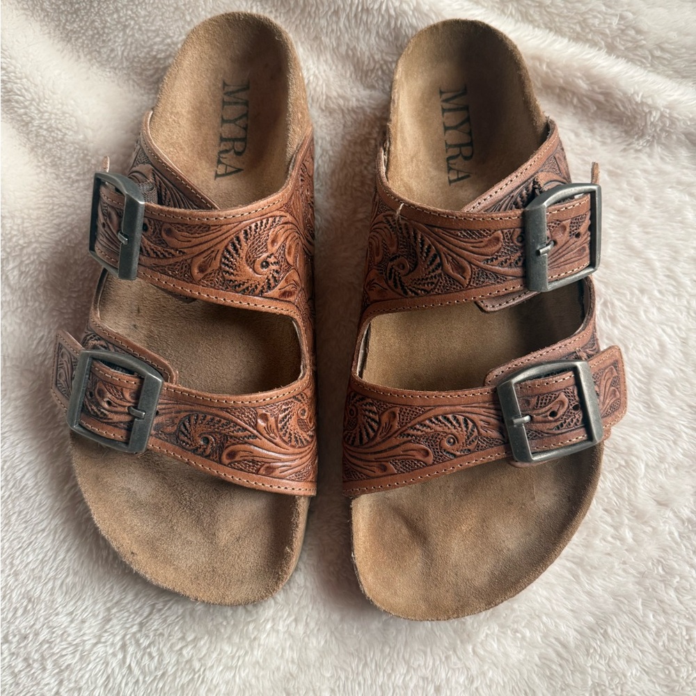 MYRA tooled leather Sandals with Buckle Straps
